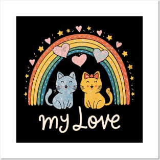 Cute Retro Valentine's Day Kittens with Hearts Posters and Art